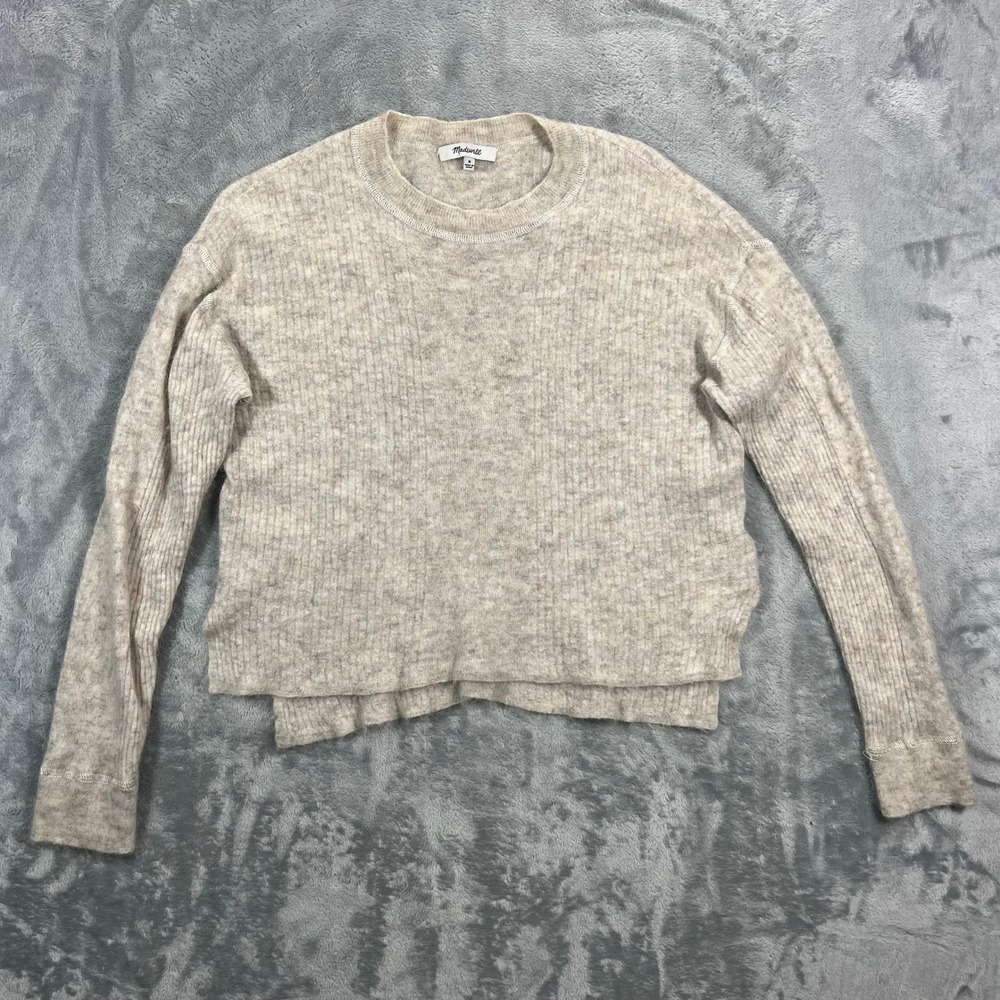 MADEWELL Alpaca Blend Pullover Sweater Womens M Beige Ribbed Cropped Fall Soft